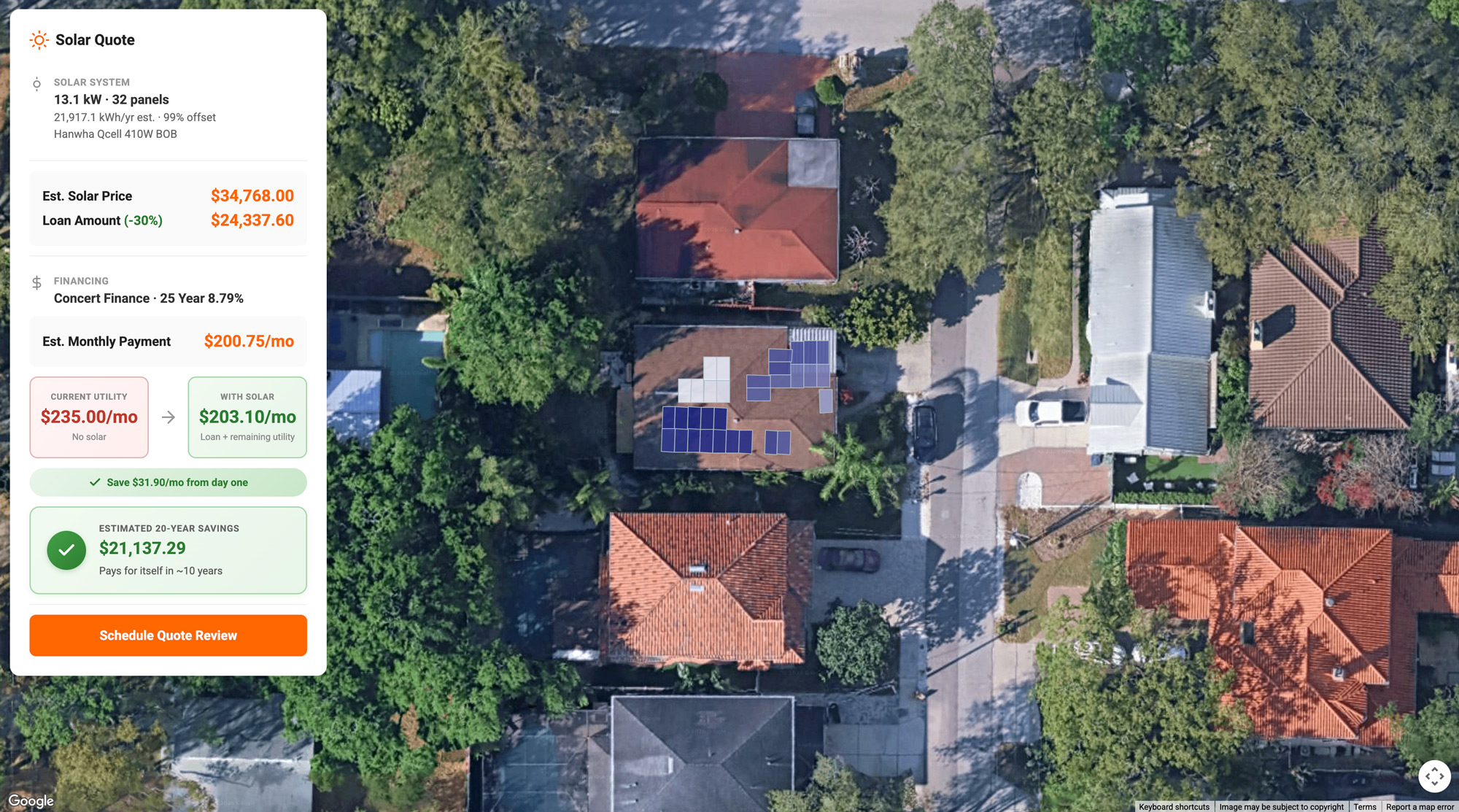Solar design quote preview showing aerial view with panels